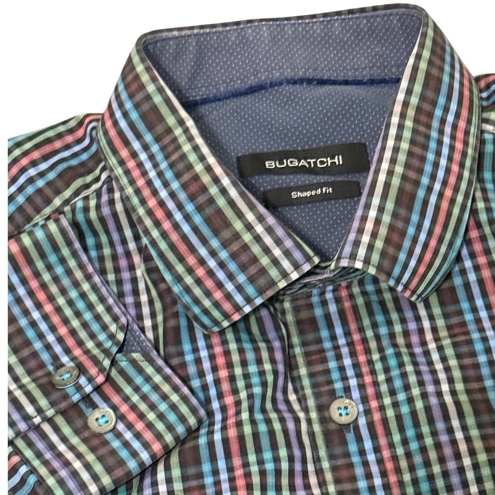 Bugatchi Mens Shaped Fit Long Sleeve Button Down Shirt Multi Color Plaid Large